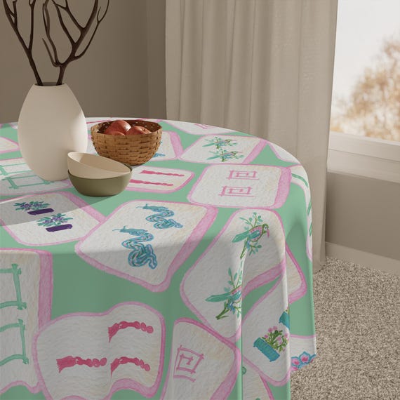 Mahjong Game Night Tablecloth, Hostess Gift, 55x55, and Tiles Table Cover, Spring Green