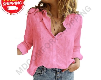 Linen V-Neck Blouse: Long Sleeve Button-Down Shirt