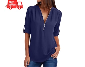Women’s V Neck Chiffon Blouse Long Sleeve Dressy Casual Work Business Top Loose Fit