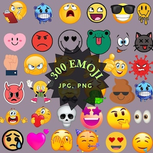 Paquete de 300 emojis PNG JPG: Caras de dibujos animados con emociones, archivos vectoriales (descarga digital)