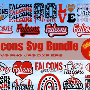 Op de afbeelding: Een digitaal downloadpakket met 20 SVG-ontwerpen met het woord "Falcons" in verschillende stijlen en kleuren. De ontwerpen omvatten voetballen, harten en de woorden "Go", "Love" en "Football".