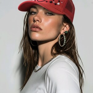 Könnte beinhalten: Rote Trucker-Cap mit Mesh-Rückseite, verziert mit schwarzen und weißen Verzierungen und einem roten Zungenlogo. Die Cap hat einen gebogenen Schirm und einen klassischen Trucker-Stil.