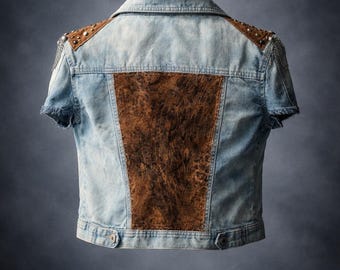 Jeansjacke recyclé pour femme XS | Veste en jean Veredelte avec jacquard Rückenpanel, Nieten, Strass & Ketten | Festival de l'an 2000 Streetwear Unikat