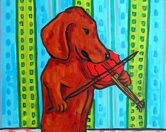 Dachshund playing the violin dog art print on paper or canvas