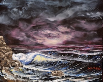 WAves Hitting Rocks Beach Coastal Night Scene home decor coaster tile gift art