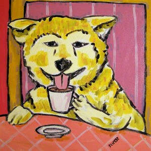 Akita at the Coffee Shop Cafe Dog Art coaster tile