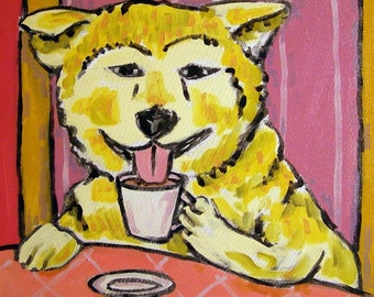 Akita at the Coffee Shop Cafe Dog Art coaster tile