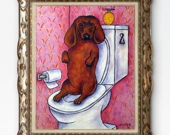 May include: A framed painting of a brown dachshund sitting on a white toilet in a room with pink patterned wallpaper. A roll of white toilet paper is mounted on the wall to the left, and a yellow textured object sits on the toilet tank.