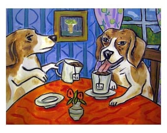 beagle art - Beagles Having Tea Dog Art Print - beagle gifts