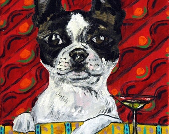 Boston Terrier at the Martini Bar - dog art - tile coaster - animal decor