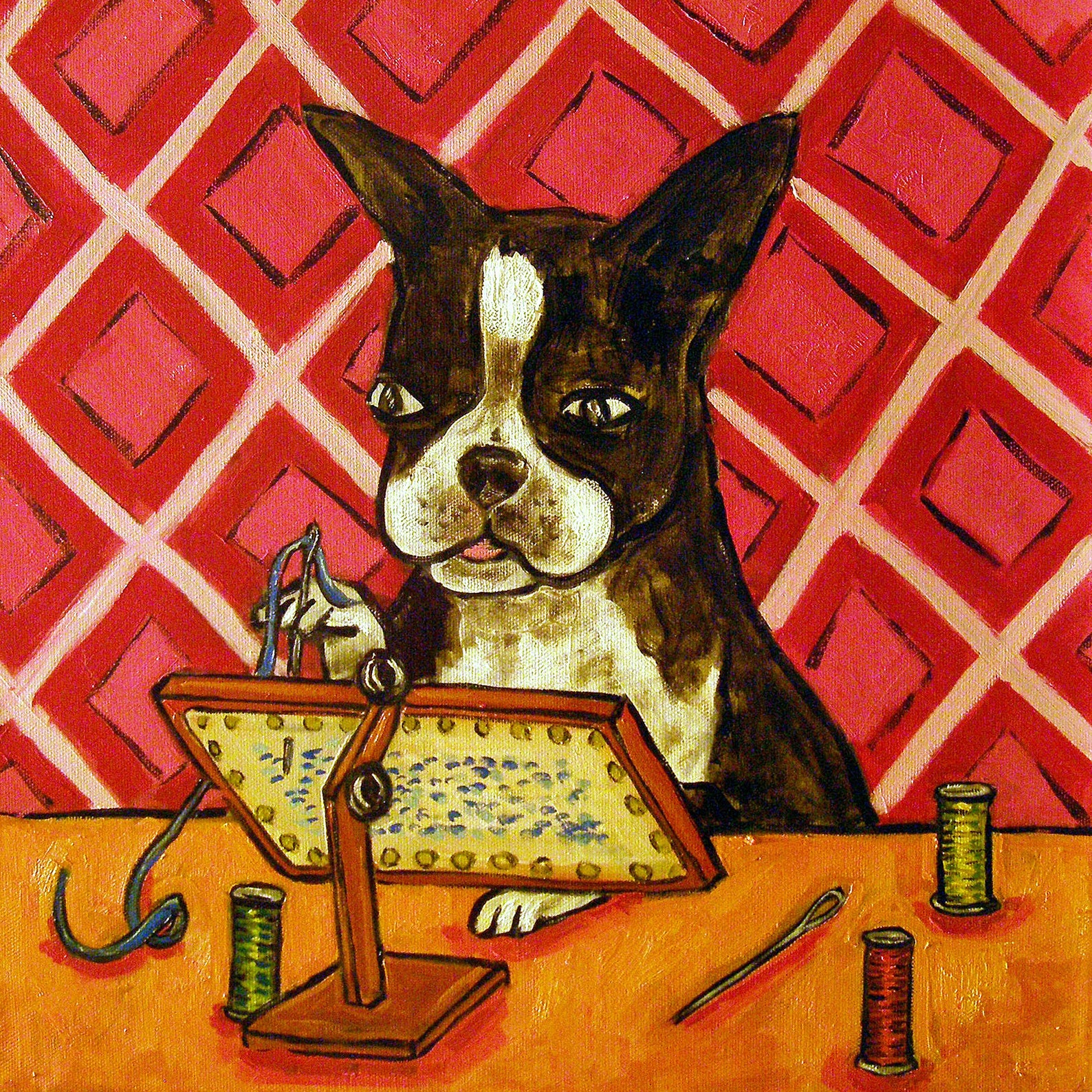 Boston Terrier Doing Needlepoint Dog Art Coaster Tile Gift Etsy