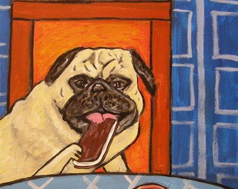 Pug at the ice cream parlour dog art print - streched canvas or matte paper print - multiple sizes