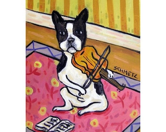 Boston terrier violin fine art giclee print from oil painting by jay schmetz - modern folk art