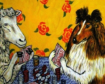 sheep and shelty playing cards. tile coaster - animal art - gift - decor