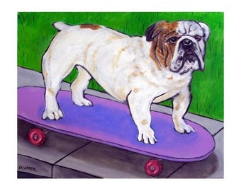 bulldog art - Bulldog PRINT,  skateboarding art, dog art, dog, bulldog art, modern folk art