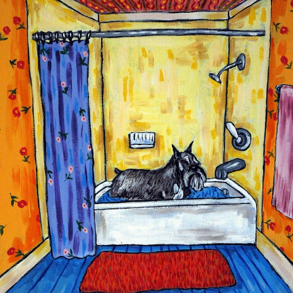 Schnauzer Taking a Bath Dog Art PRINT 13x19 - matte or glossy