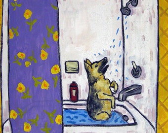 German shepherd taking A bath  - dog art - print - bathroom decor - animal lover gift