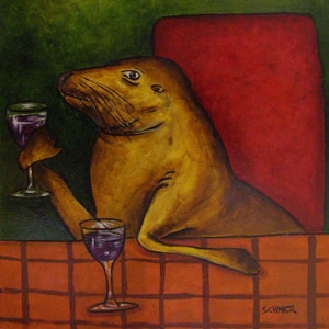 Sea Lion at the Wine Bar art tile coaster - wine decor available in multiple sizes