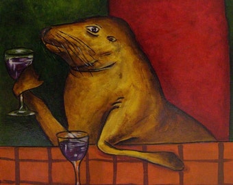 Sea Lion at the Wine Bar art tile coaster - wine decor available in multiple sizes