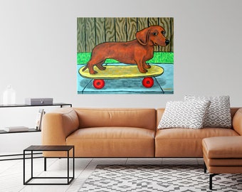 dachshund skateboarding dog art print on canvas - .75 or 15 edges - multiple sizes available