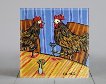 chickens at the martini bar - rooster decor - martini bar artwork - animal decor