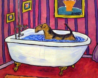 Airedale Terrier Taking a Bath Dog Art coaster tile Gift
