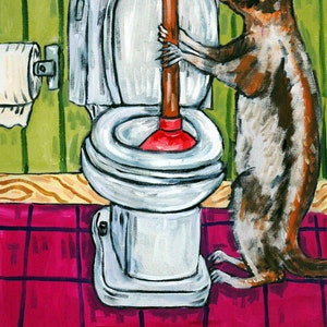 Puede incluir: Una ilustraci&oacute;n de dibujos animados de una ardilla usando un desatascador para destapar un inodoro. El inodoro es blanco con un desatascador rojo. La ardilla es marr&oacute;n y blanca con la nariz negra. El fondo es verde y blanco.