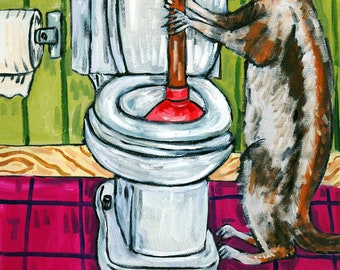squirrel plunging a toilet in the bathroom animal art print - stretched canvas or paper print - multple sizes