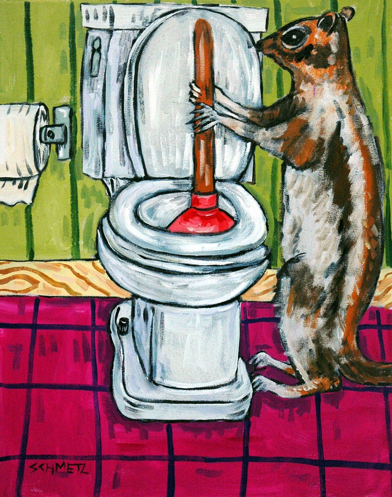Puede incluir: Una ilustraci&oacute;n de dibujos animados de una ardilla usando un desatascador para destapar un inodoro. El inodoro es blanco con un desatascador rojo. La ardilla es marr&oacute;n y blanca con la nariz negra. El fondo es verde y blanco.