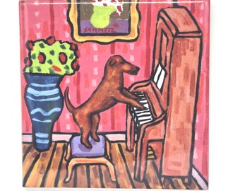 Irish terrier playing piano - dog art - tile coaster - animal lover gift - home decor