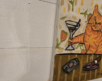 Ginger Cat at Martini Bar 11x14 Oil Painting - Whimsical Artwork for Cat Lovers