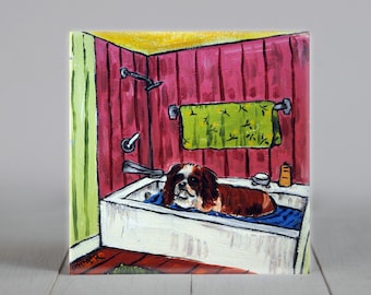 Cavalier King Charles Spaniel coaster tile bath bathroom dog art decor gift pet