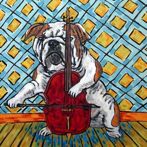 art bouledogue - cadeau d&#39;anniversaire sous-verre - cadeau joueur de violoncelle - cadeau propriétaire de chien - décoration de bureau