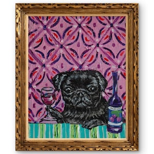Black Pug Wine Bar Art Print | Funny Dog Wall Decor | Matte, Glossy, or Stretched Canvas Sizes 8x10 to 24x30