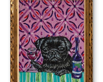 Black Pug Wine Bar Art Print | Funny Dog Wall Decor | Matte, Glossy, or Stretched Canvas Sizes 8x10 to 24x30