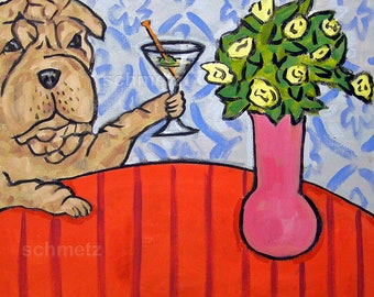 Shar Pei art, martini bar decor, animal coaster, ceramic dog tile, modern abstract dog, pet owner gift, martini lover, making a toast