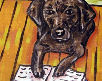 Black Lab reading a Book - dog art tile coaster - gift