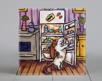 Basset Hound Raid the fridge - square coaster tile - ceramic coaster - decorative tile - animal decor - dog lover gift