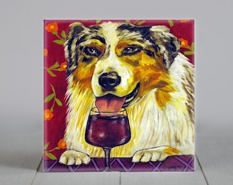 Australian Shepherd at the wine bar - dog art - tile coaster - animal lover gift