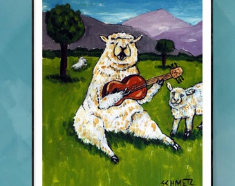 Sheep playing guitar to lamb animal art print 13x19