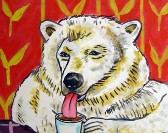 polar bear at the coffee shop animal art on ready to hang canvas print - kitchen home decor
