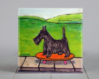 scottish terrier skateboarding - dog art - tile coaster - anima lover gift