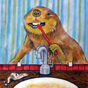May include: A brown bear with a toothy grin brushes its teeth with a red toothbrush. The bear is standing in front of a bathroom sink with a white porcelain basin and a silver faucet. A tube of toothpaste is squeezed out on the counter.