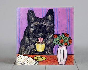 great japanese dog at the coffe shop - art - tile coaster - gift