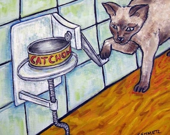 cat art - Siamese Cat Opening a Can with a Can Opener Art coaster tile gift paper weight JSCHMETZ pop art folk art modern, cat gifts, gift