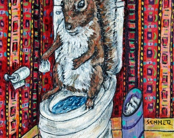 squirrel in the bathroom art print - streched canvas or pap erp rint - birthday gift for him or her - bathroom decor