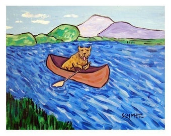 Pit Bull Terrier Riding a Canoe Dog Art Print 13x19 - matte or glossy