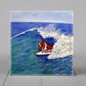 Basset Hound Surfing Tile Coaster  Dog Art Gift for Animal Lovers