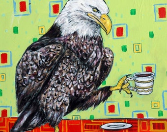EAGLE at the coffee shop - animal art - tile coaster - gift
