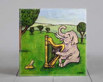 elephant and mouse playing the harp - harpist - coaster tile - animal lover gift